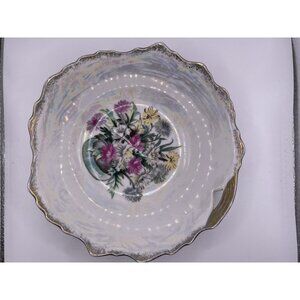 Vintage Trimont Ware Japan Lusterware Iridescent Bowl Gold Rim Floral Center 7"